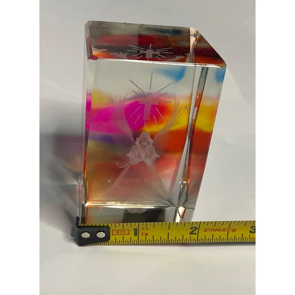 CRYSTAL GLASS ANGEL & CROSS SQUARE PAPERWEIGHT 3D LASER ETCHED RAINBOW COLORS